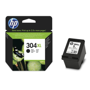 Boîte d'encre HP 304XL noire à motif vert et noir à gauche, cartouche sur fond blanc à droite, vue informative.