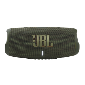 Enceinte Bluetooth JBL Charge 5 verte, grille et logo visibles, vue de face avec petite LED blanche ; en vente à Saint-Georges-de-l'Oyapock.