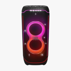 Enceinte Bluetooth JBL PARTY BOX ULTIMATE noire avec lumières LED colorées en forme de huit sur fond blanc, scintillements visibles.