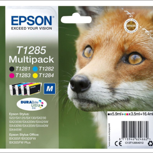 Emballage d'encre Epson T1285 noir et couleurs montrant une tête de renard, labels couleur et infos produit.