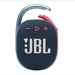 Enceinte Bluetooth JBL Clip 4 ovale bleue et rose avec mousqueton et logo blanc, pour écouter de la musique pendant les sessions de réparation informatique.