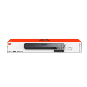 Boîtier de barre de son JBL 2.0 All In One V2 orange et blanc affichant les logos Bluetooth, HDMI, Dolby Audio, "Powerful Sound" et "Compact Design".