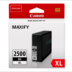 Cartouche CANON PGI-2500XL noire 2,5K pages en emballage d'origine avec logos " Genuine ", " XL " et Canon, image claire du produit.