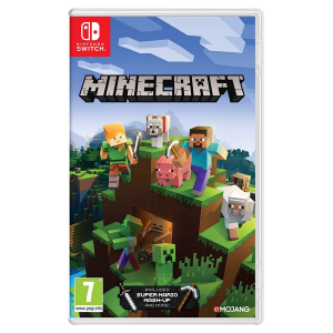 Jeu Nintendo Switch Minecraft affiché avec personnages et animaux pixélisés sur fond montagneux, promotion à Saint-Georges-de-l'Oyapock.