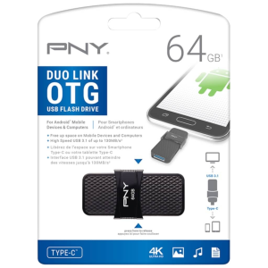 Vue avant de l'emballage du CLE USB DUO LINK 64GB USB 3.1 Type-C, montrant les icônes Android, USB 3.1, 4K Ultra HD, pour les appareils Type-C.