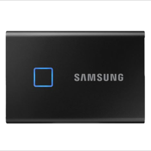 SSD portable Samsung T7 noir avec capteur tactile carré bleu à côté du logo, sur fond blanc.