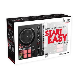Boîte de la table de mixage HERCULES INPULSE 200 NOIR avec contrôleur, slogan "START EASY become a DJ" et logos des logiciels.