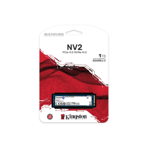 Boîtier de vente au détail pour Kingston NV2 SSD, 1TB PCIe 4.0, design rouge et blanc avec logo. Produit disponible dans la boutique de Saint-Georges-de-l'Oyapock.