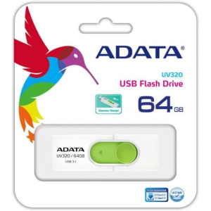 Emballage de la clé USB ADATA UV320 64GB, sans capuchon, USB 3.1, blanc/vert avec graphique colibri ; image de présentation du produit.