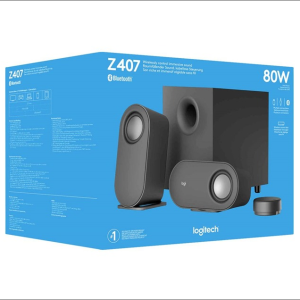 Packshot du haut-parleur Logitech Z407 noir, incluant deux satellites, un caisson de basse et une télécommande sans fil.