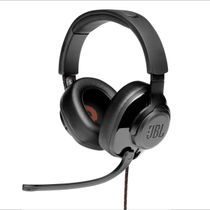 Casque micro filiaire gaming JBL Quantum 300 noir avec coussinets, arceau réglable et micro flexible sur fond blanc.