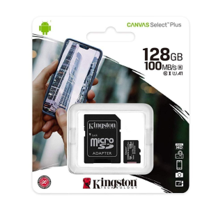 Paquet Kingston Micro SDHC Plus 128GO présentant une vitesse de 100MB/s, cartes U1, A1 ; fond photo ; vendu à Saint-Georges-de-l'Oyapock.