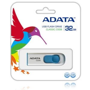 Clé USB ADATA C008 32 Go rétractable blanc et bleu, disponible au magasin high-tech Saint-Georges-de-l'Oyapock en Guyane Est.