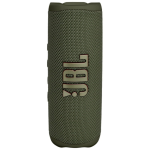 Haut-parleur JBL BT Flip 6 vert à surface texturée et logo JBL visible, disponible en boutique informatique à Saint-Georges-de-l'Oyapock.