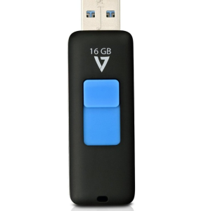 Clé USB noire avec bouton bleu, modèle V7 16GO USB 3.0, disponible à la boutique informatique Saint-Georges-de-l'Oyapock.
