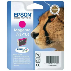 Cartouche d'encre magenta Epson T0713 avec image de guépard, logo Epson, pour imprimantes Stylus ; disponible dans votre magasin high-tech.