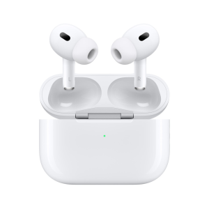 Apple AirPods Pro 2 blancs dans boîtier de charge ouvert, voyant vert allumé, sur fond uni. Disponibles à Saint-Georges-de-l'Oyapock.