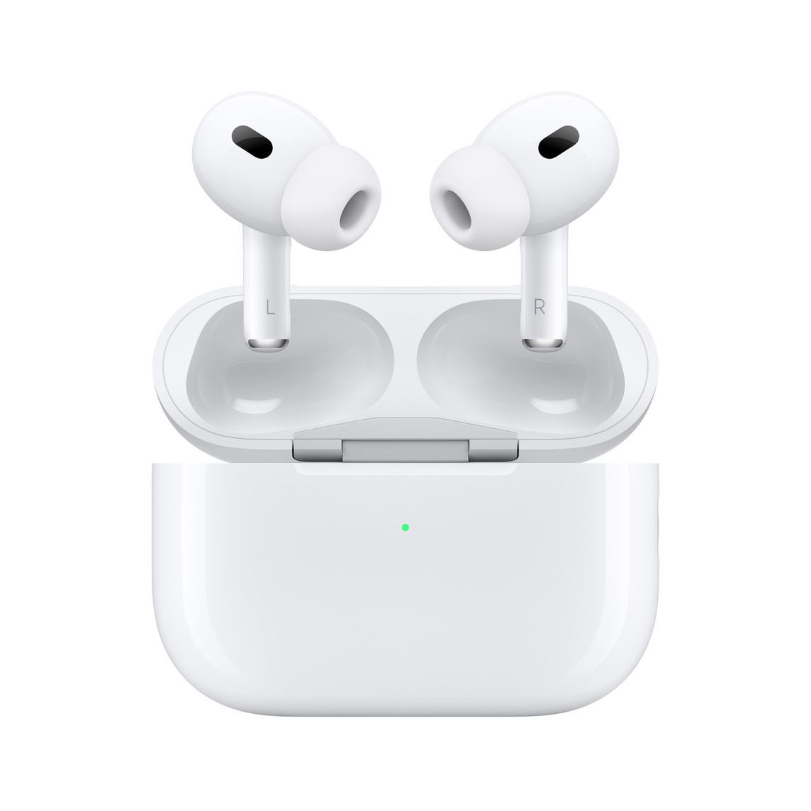 Apple AirPods Pro 2 blancs dans boîtier de charge ouvert, voyant vert allumé, sur fond uni. Disponibles à Saint-Georges-de-l'Oyapock.