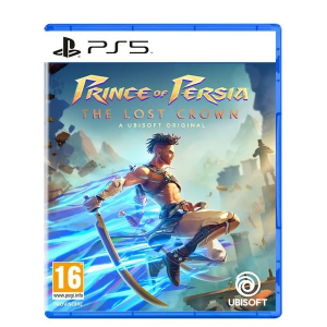 Jaquette de Prince of Persia The Lost Crown sur PS5 : guerrier brandissant une épée, énergie bleue, ruines antiques, logo Ubisoft.