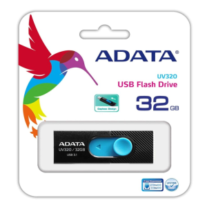 Emballage pour CLE USB ADATA UV320 32GO USB 3.0, noir/bleu, avec marque, graphique du colibri, photo du produit et informations sur la capacité.