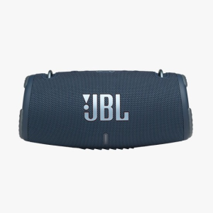 Enceinte Bluetooth JBL Xtreme 3 bleue avec logo JBL visible sur la grille, exposée dans un magasin de technologie à Saint-Georges-de-l'Oyapock.