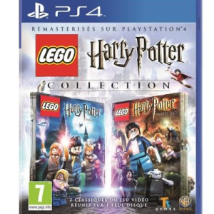 Jeux PS4 Harry Potter LEGO Collection avec deux boîtes, figurines Harry Potter LEGO et fond de Poudlard, accessoires inclus.