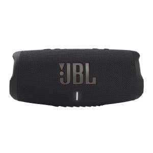 Haut-parleur JBL Charge 5 noir portable Bluetooth, logo centré visible, disponible en boutique informatique à Saint-Georges-de-l'Oyapock.